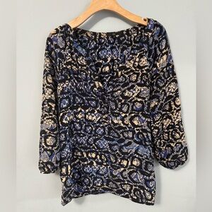 Tibi 100 percent silk top snake/leopard print blue and tan. Size 10 split neck
